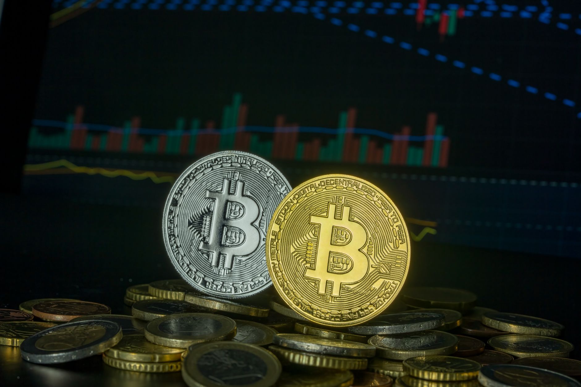 Bitcoin coins on stacked currency with financial graph, symbolizing market trends and investment. — A Perfect Guide To Pensio
