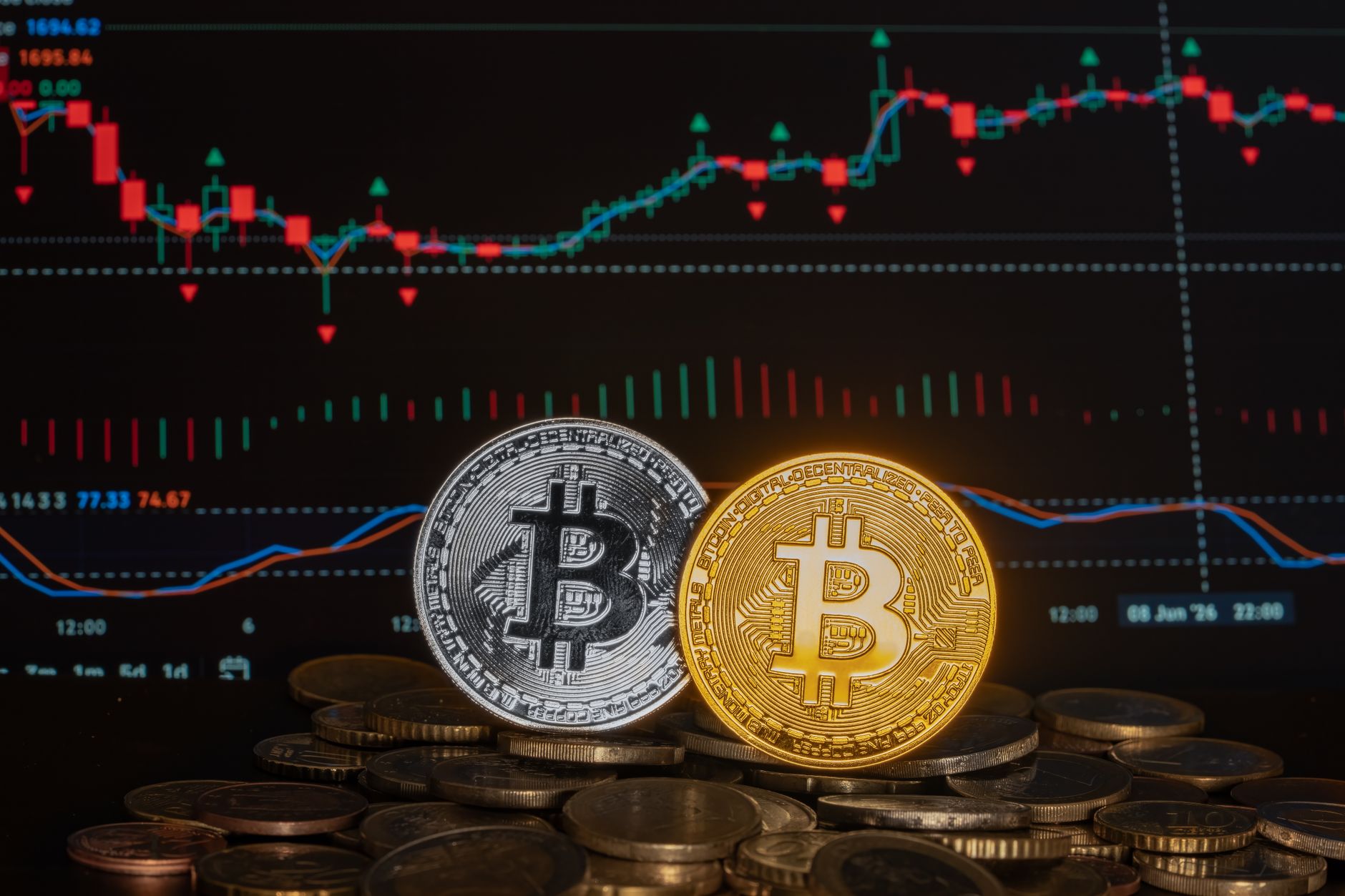 Cryptocurrency coins with a financial market graph in the background, symbolizing investment and economic trends. — Why Buy a