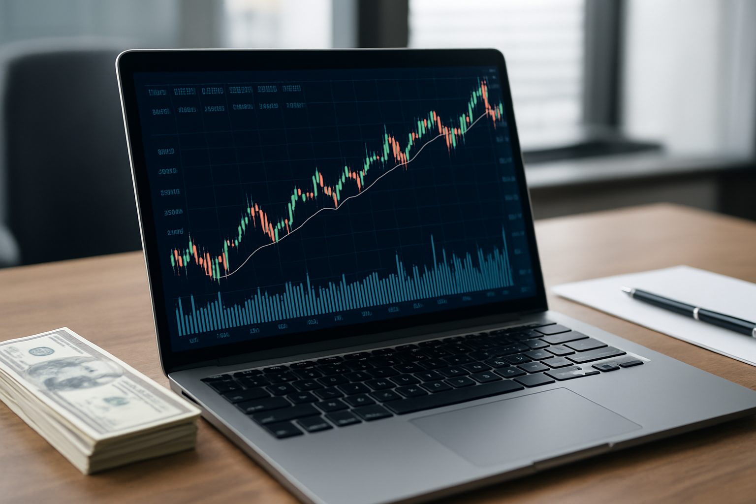 laptop displaying a financial graph with cash and a pen on the desk